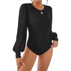 image:imageBTFBM Long Puff Sleeve Bodysuits for Women 2026  Crew Neck 2 Snap Crotch Thong ShapewearStretchy Knit High Cut LeotardsCasual Y2K Going Out TopsWinter LayerFall FashionBlack