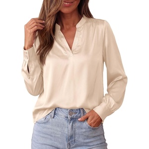 image:imageBTFBM Satin Blouses for Women Dressy Casual  LightweightV NeckLong Sleeve TopsGoing Out OutfitsFall Fashion ClothingBeige
