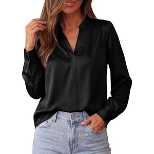 image:imageBTFBM Satin Blouses for Women Dressy Casual  LightweightV NeckLong Sleeve TopsGoing Out OutfitsFall Fashion ClothingBlack