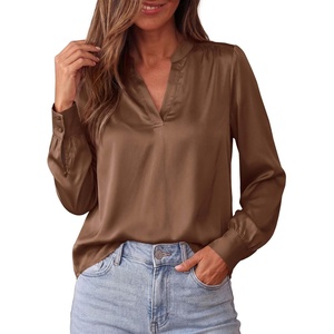 image:imageBTFBM Satin Blouses for Women Dressy Casual  LightweightV NeckLong Sleeve TopsGoing Out OutfitsFall Fashion ClothingBrown