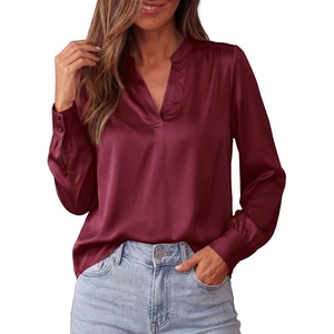 image:imageBTFBM Satin Blouses for Women Dressy Casual  LightweightV NeckLong Sleeve TopsGoing Out OutfitsFall Fashion ClothingBurgundy