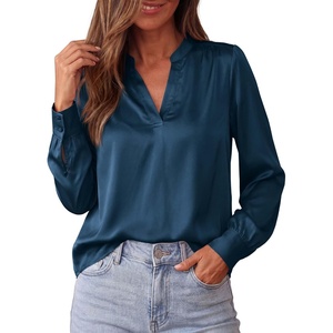 image:imageBTFBM Satin Blouses for Women Dressy Casual  LightweightV NeckLong Sleeve TopsGoing Out OutfitsFall Fashion ClothingDark Blue