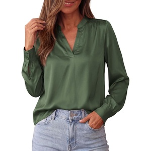image:imageBTFBM Satin Blouses for Women Dressy Casual  LightweightV NeckLong Sleeve TopsGoing Out OutfitsFall Fashion ClothingDark Green