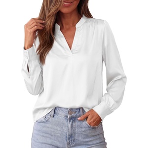 image:imageBTFBM Satin Blouses for Women Dressy Casual  LightweightV NeckLong Sleeve TopsGoing Out OutfitsFall Fashion ClothingWhite