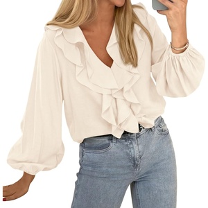 image:imageBTFBM Womens Fall Tops Ruffle Blouses Dressy Casual  Double Ruffled Collar V Neck Long Sleeve Shirts Lightweight Fashion Clothing 2026 Trendy Daily Business Office Work ClothesApricot