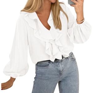 image:imageBTFBM Womens Fall Tops Ruffle Blouses Dressy Casual  Double Ruffled Collar V Neck Long Sleeve Shirts Lightweight Fashion Clothing 2026 Trendy Daily Business Office Work ClothesWhite