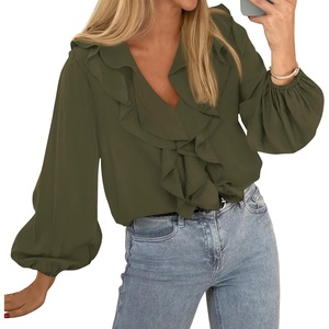 image:imageBTFBM Womens Fall Tops Ruffle Blouses Dressy Casual  Double Ruffled Collar V Neck Long Sleeve Shirts Lightweight Fashion Clothing 2026 Trendy Daily Business Office Work ClothesArmy Green