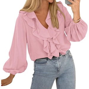 image:imageBTFBM Womens Fall Tops Ruffle Blouses Dressy Casual  Double Ruffled Collar V Neck Long Sleeve Shirts Lightweight Fashion Clothing 2026 Trendy Daily Business Office Work ClothesPink