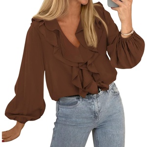 image:imageBTFBM Womens Fall Tops Ruffle Blouses Dressy Casual  Double Ruffled Collar V Neck Long Sleeve Shirts Lightweight Fashion Clothing 2026 Trendy Daily Business Office Work ClothesBrown