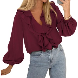 image:imageBTFBM Womens Fall Tops Ruffle Blouses Dressy Casual  Double Ruffled Collar V Neck Long Sleeve Shirts Lightweight Fashion Clothing 2026 Trendy Daily Business Office Work ClothesBurgundy