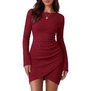 image:imageBTFBM Womens Long Sleeve Bodycon Mini Dress  LightweightRuchedRibbedHomecoming Cocktail DressesFall Winter Clothing 2026Red