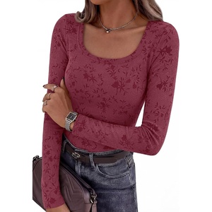 image:imageBTFBM Womens Long Sleeve Scoop Neck Shirts Floral Tops  Casual Women Fall Clothes Ribbed Slim Fitted TShirts y2k Fashion Clothing Concert Going Out Top Club Date Night OutfitsBurgundy