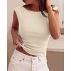 image:imageBTFBM Womens Ribbed Tank Tops 2026 Summer Cap Sleeve Boat Neck Slim Fitted Knit Basic Casual Tee Shirts Fall Fashion ClothesBeige