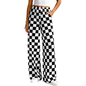 image:imageBTFBM Womens Checkered Palazzo Pants Wide Leg High Waisted Pockets Gingham Casual Lounge Pajama Trousers Summer OutfitsPlaid Black White