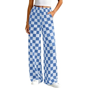 image:imageBTFBM Womens Checkered Palazzo Pants Wide Leg High Waisted Pockets Gingham Casual Lounge Pajama Trousers Summer OutfitsPlaid Blue