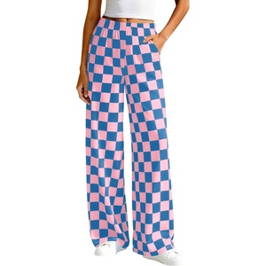 image:imageBTFBM Womens Checkered Palazzo Pants Wide Leg High Waisted Pockets Gingham Casual Lounge Pajama Trousers Summer OutfitsPlaid Blue Pink