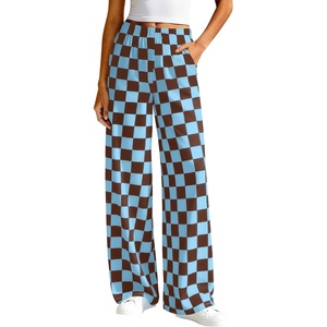image:imageBTFBM Womens Checkered Palazzo Pants Wide Leg High Waisted Pockets Gingham Casual Lounge Pajama Trousers Summer OutfitsPlaid Coffee Blue