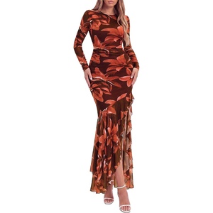 image:imageBTFBM Womens Maxi Dresses Fall 2026 Cocktail Dress  Long SleeveBodyconFloral Wedding Guest DressesConcert OutfitsFloral Red Brown