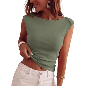 image:imageBTFBM Womens Ribbed Tank Tops 2026 Summer Cap Sleeve Boat Neck Slim Fitted Knit Basic Casual Tee Shirts Fall Fashion ClothesArmy Green