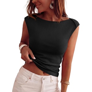image:imageBTFBM Womens Ribbed Tank Tops 2026 Summer Cap Sleeve Boat Neck Slim Fitted Knit Basic Casual Tee Shirts Fall Fashion ClothesBlack