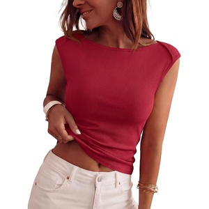 image:imageBTFBM Womens Ribbed Tank Tops 2026 Summer Cap Sleeve Boat Neck Slim Fitted Knit Basic Casual Tee Shirts Fall Fashion ClothesBurgundy