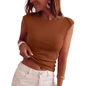image:imageBTFBM Womens Ribbed Tank Tops 2026 Summer Cap Sleeve Boat Neck Slim Fitted Knit Basic Casual Tee Shirts Fall Fashion ClothesCaramel