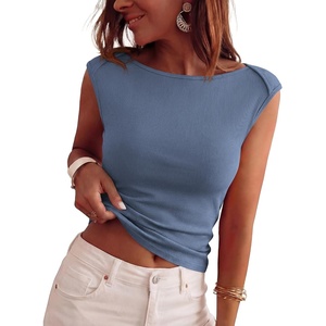 image:imageBTFBM Womens Ribbed Tank Tops 2026 Summer Cap Sleeve Boat Neck Slim Fitted Knit Basic Casual Tee Shirts Fall Fashion ClothesGrey Blue