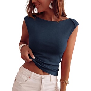 image:imageBTFBM Womens Ribbed Tank Tops 2026 Summer Cap Sleeve Boat Neck Slim Fitted Knit Basic Casual Tee Shirts Fall Fashion ClothesNavy Blue