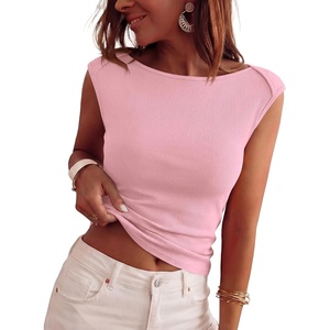 image:imageBTFBM Womens Ribbed Tank Tops 2026 Summer Cap Sleeve Boat Neck Slim Fitted Knit Basic Casual Tee Shirts Fall Fashion ClothesPink