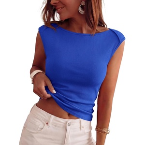 image:imageBTFBM Womens Ribbed Tank Tops 2026 Summer Cap Sleeve Boat Neck Slim Fitted Knit Basic Casual Tee Shirts Fall Fashion ClothesRoyal Blue