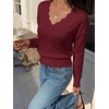 image:imageBTFBM Fall Long Sleeve Sweaters for Women  V NeckDrop ShouldersScallop EdgesLightweight Knit Sweaters TopDaily WearHolidayChristmasWinter Clothing 2026Burgundy
