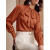 image:imageBTFBM Women Satin Blouses Bow Tie Work Business Casual Tops  Ruched Button Cuff Long Sleeve Top Dressy Silk Blouse Elegant Daily Professional Office Clothes Early Fall Fashion 2026Orange