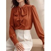 image:imageBTFBM Women Satin Blouses Bow Tie Work Business Casual Tops  Ruched Button Cuff Long Sleeve Top Dressy Silk Blouse Elegant Daily Professional Office Clothes Early Fall Fashion 2026Orange