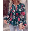 image:imageBTFBM Womens Tops Dressy Casual Floral V Neck Long Sleeve Chiffon Shirts  Chiffon Lantern Sleeve Flowy Peplum Sheer TopElastic Waist Babydoll BlousesBoho Vacation Outfits2026 Fall Fashion ClothingFloral Green Red