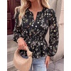 image:imageBTFBM Womens Tops Dressy Casual Floral V Neck Long Sleeve Chiffon Shirts  Chiffon Lantern Sleeve Flowy Peplum Sheer TopElastic Waist Babydoll BlousesBoho Vacation Outfits2026 Fall Fashion ClothingFloral Black Multicolored