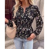 image:imageBTFBM Womens Tops Dressy Casual Floral V Neck Long Sleeve Chiffon Shirts  Chiffon Lantern Sleeve Flowy Peplum Sheer TopElastic Waist Babydoll BlousesBoho Vacation Outfits2026 Fall Fashion ClothingFloral Black Multicolored