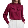 image:imageBTFBM Women Satin Blouses Bow Tie Work Business Casual Tops  Ruched Button Cuff Long Sleeve Top Dressy Silk Blouse Elegant Daily Professional Office Clothes Early Fall Fashion 2026Red