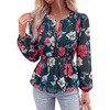 image:imageBTFBM Womens Tops Dressy Casual Floral V Neck Long Sleeve Chiffon Shirts  Chiffon Lantern Sleeve Flowy Peplum Sheer TopElastic Waist Babydoll BlousesBoho Vacation Outfits2026 Fall Fashion ClothingFloral Green Red