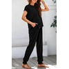 image:imageBTFBM 2 Piece Sets For Women Summer Lounge Set Airport Outfits Tracksuit  SolidMatching Sets Women ClothingSweatsuitShort Sleeve Tops Long Pants Vacation OutfitsBeach vacation Clothes For WomenSolid Black