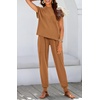 image:imageBTFBM 2 Piece Sets For Women Summer Lounge Set Airport Outfits Tracksuit  SolidMatching Sets Women ClothingSweatsuitShort Sleeve Tops Long Pants Vacation OutfitsBeach vacation Clothes For WomenSolid Dark Khaki