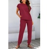image:imageBTFBM 2 Piece Sets For Women Summer Lounge Set Airport Outfits Tracksuit  SolidMatching Sets Women ClothingSweatsuitShort Sleeve Tops Long Pants Vacation OutfitsBeach vacation Clothes For WomenWine Red