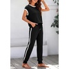 image:imageBTFBM 2 Piece Sets For Women Summer Lounge Set Airport Outfits Tracksuit  SolidMatching Sets Women ClothingSweatsuitShort Sleeve Tops Long Pants Vacation OutfitsBeach vacation Clothes For WomenA Black