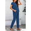 image:imageBTFBM 2 Piece Sets For Women Summer Lounge Set Airport Outfits Tracksuit  SolidMatching Sets Women ClothingSweatsuitShort Sleeve Tops Long Pants Vacation OutfitsBeach vacation Clothes For WomenDark Blue