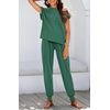 image:imageBTFBM 2 Piece Sets For Women Summer Lounge Set Airport Outfits Tracksuit  SolidMatching Sets Women ClothingSweatsuitShort Sleeve Tops Long Pants Vacation OutfitsBeach vacation Clothes For WomenSolid Dark Green