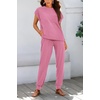 image:imageBTFBM 2 Piece Sets For Women Summer Lounge Set Airport Outfits Tracksuit  SolidMatching Sets Women ClothingSweatsuitShort Sleeve Tops Long Pants Vacation OutfitsBeach vacation Clothes For WomenDark Pink