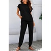 image:imageBTFBM 2 Piece Sets For Women Summer Lounge Set Airport Outfits Tracksuit  SolidMatching Sets Women ClothingSweatsuitShort Sleeve Tops Long Pants Vacation OutfitsBeach vacation Clothes For WomenSolid Black