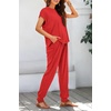 image:imageBTFBM 2 Piece Sets For Women Summer Lounge Set Airport Outfits Tracksuit  SolidMatching Sets Women ClothingSweatsuitShort Sleeve Tops Long Pants Vacation OutfitsBeach vacation Clothes For WomenRed