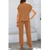 image:imageBTFBM 2 Piece Sets For Women Summer Lounge Set Airport Outfits Tracksuit  SolidMatching Sets Women ClothingSweatsuitShort Sleeve Tops Long Pants Vacation OutfitsBeach vacation Clothes For WomenSolid Dark Khaki