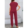 image:imageBTFBM 2 Piece Sets For Women Summer Lounge Set Airport Outfits Tracksuit  SolidMatching Sets Women ClothingSweatsuitShort Sleeve Tops Long Pants Vacation OutfitsBeach vacation Clothes For WomenWine Red