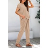 image:imageBTFBM 2 Piece Sets For Women Summer Lounge Set Airport Outfits Tracksuit  SolidMatching Sets Women ClothingSweatsuitShort Sleeve Tops Long Pants Vacation OutfitsBeach vacation Clothes For WomenKhaki